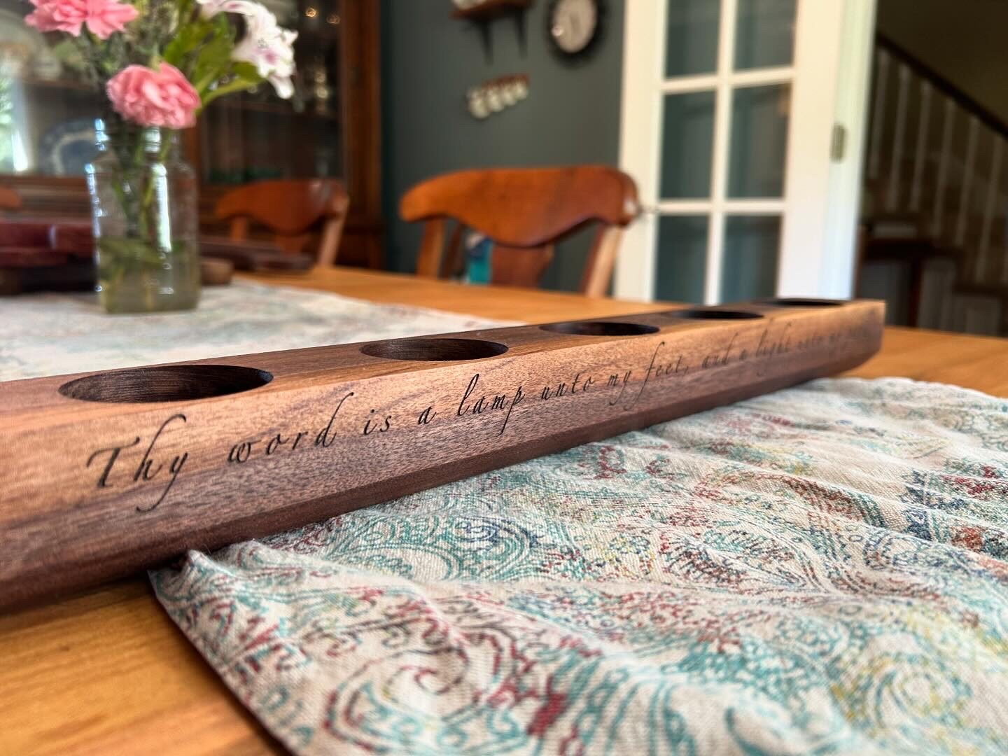 A walnut candle holder with engraved scripture — Thy word is a lamp unto my feet